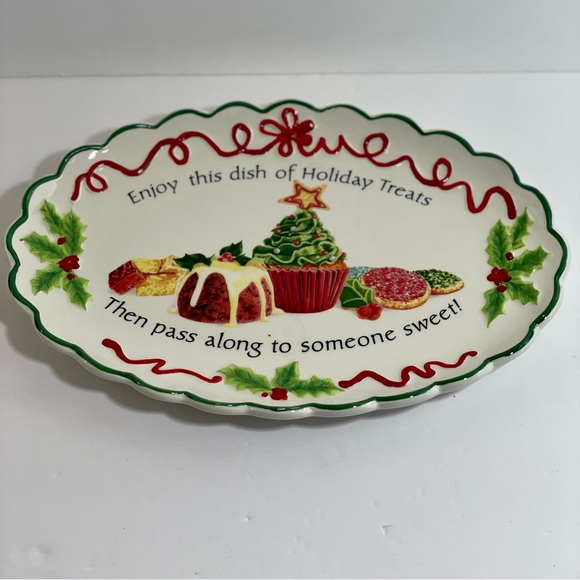 Fitz and Floyd White Ribbon Holly Earthenware Holiday Treats Cookie Platter - Picture 5 of 10